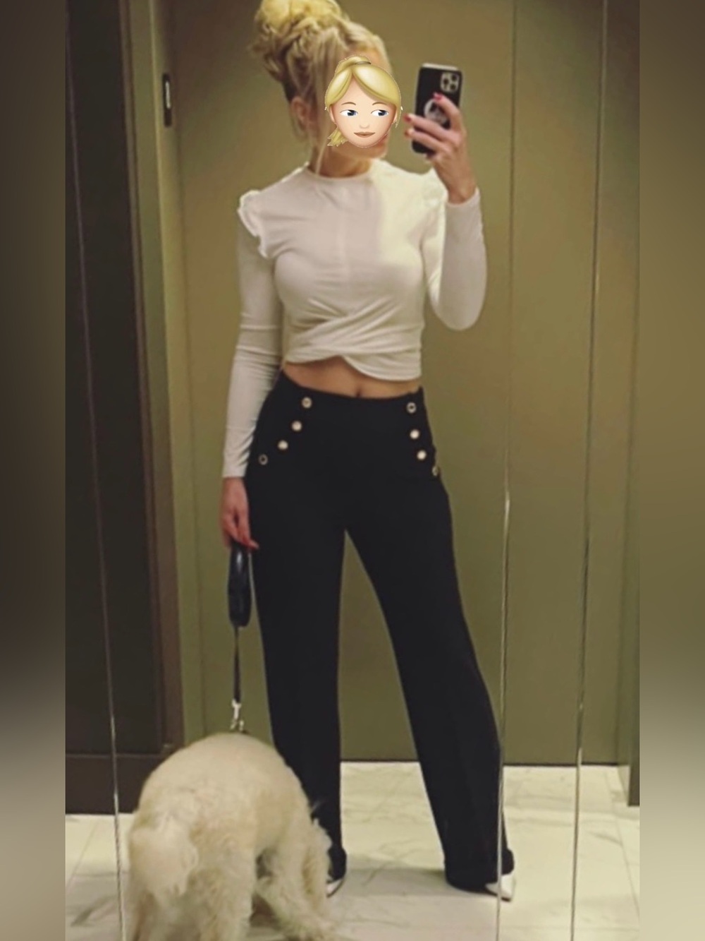 Express Navy Blue Stretchy Wide-Leg Pants with Gold Button Accents